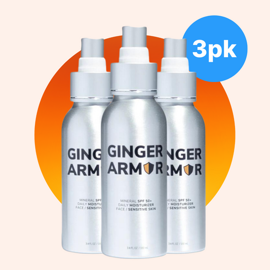 Ginger Armor SPF 50+ sunscreen three-pack bundle. Three 3.4 ounce bottles of sunscreen formulated with invisible zinc and natural plant-based ingredients. 
