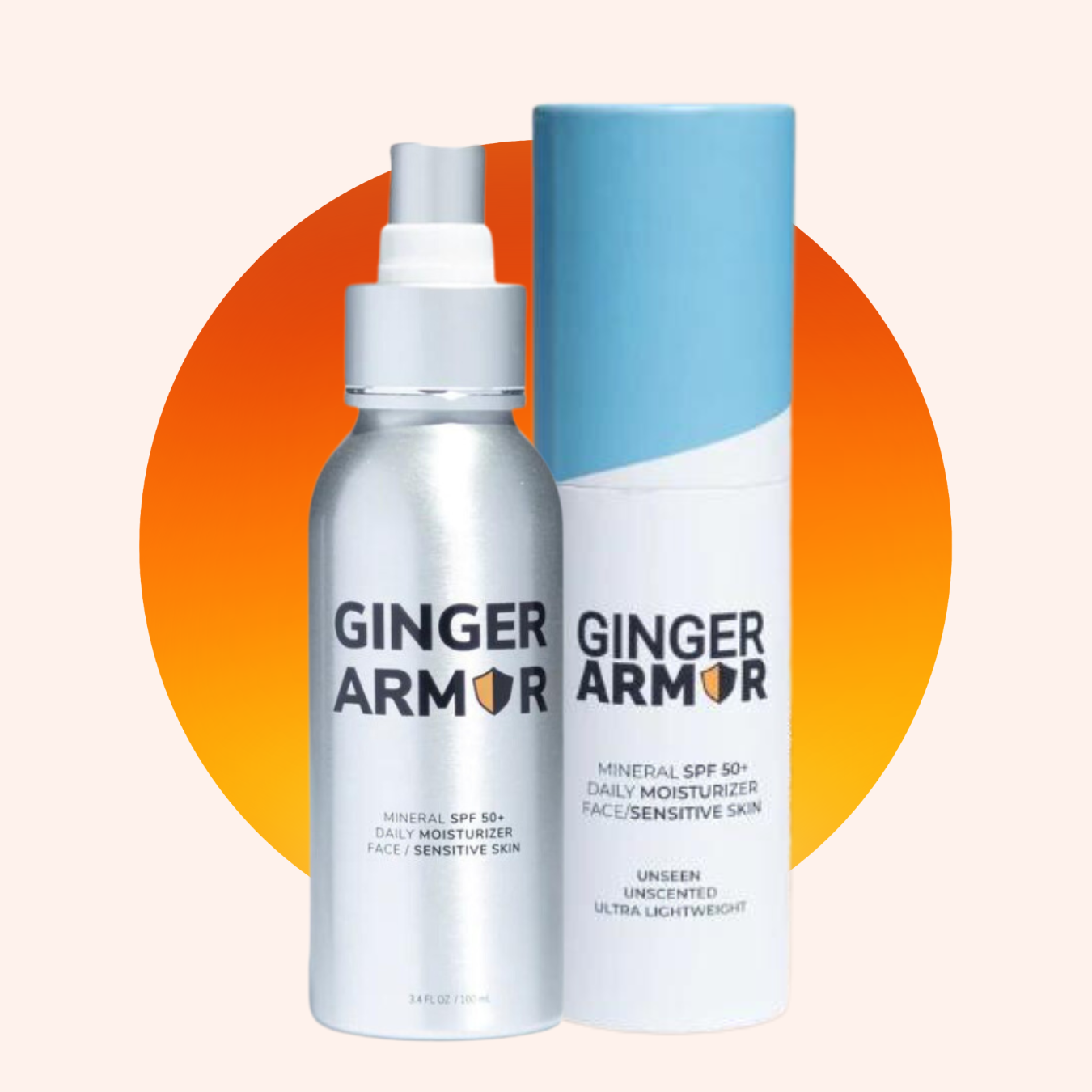 Ginger Armor SPF 50+ sunscreen and daily moisturizer set. 3.4 ounce bottles formulated with invisible zinc and natural plant-based ingredients. 