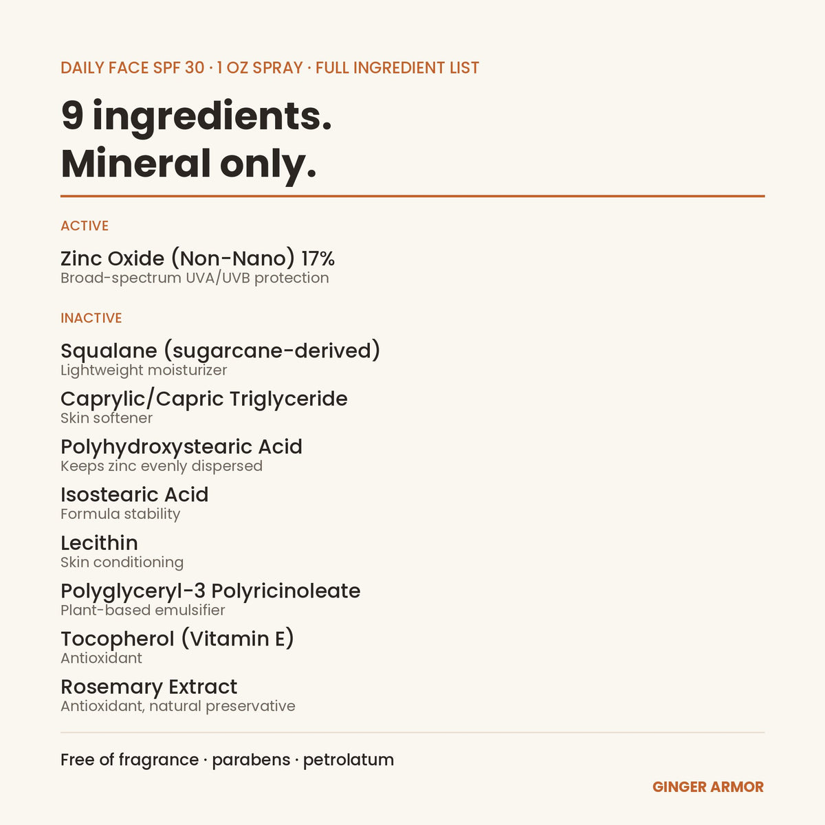 Daily Face SPF 30 full ingredient list: non-nano zinc oxide 17% plus 8 inactive ingredients